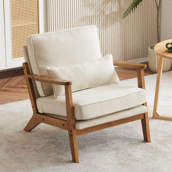 Mid-Century Accent Chair With Lumbar Pillow, Beige Linen Upholstery &