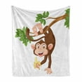 thumbnail image 1 of Cartoon Soft Flannel Fleece Blanket, Funny Monkey Hanging from Tree and Holding Banana Jungle Animals Theme Print, Cozy Plush for Indoor and Outdoor Use, 60" x 80", Chocolate White, by Ambesonne, 1 of 6