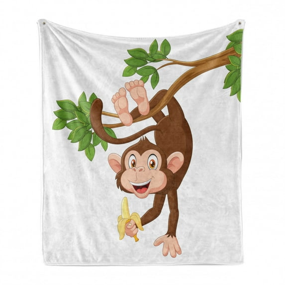 Cartoon Soft Flannel Fleece Blanket, Funny Monkey Hanging from Tree and Holding Banana Jungle Animals Theme Print, Cozy Plush for Indoor and Outdoor Use, 60" x 80", Chocolate White, by Ambesonne