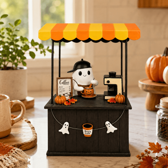 Ghost Coffee Shop Decor Halloween Tabletop Decoration With Mini Coffee Stand Scene Seasonal Desktop Figurine For Shelf Mantel Office Home Display A