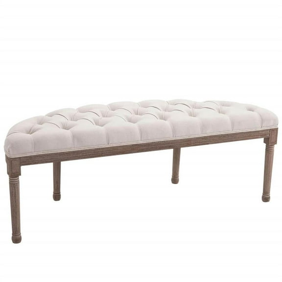 GVN Bedroom Ottoman, Bedroom Footstool,Semi-Circle End of Bed Bench with Tufted Design, Upholstered Bedroom Entryway Bench with Rubberwood Legs, Off White