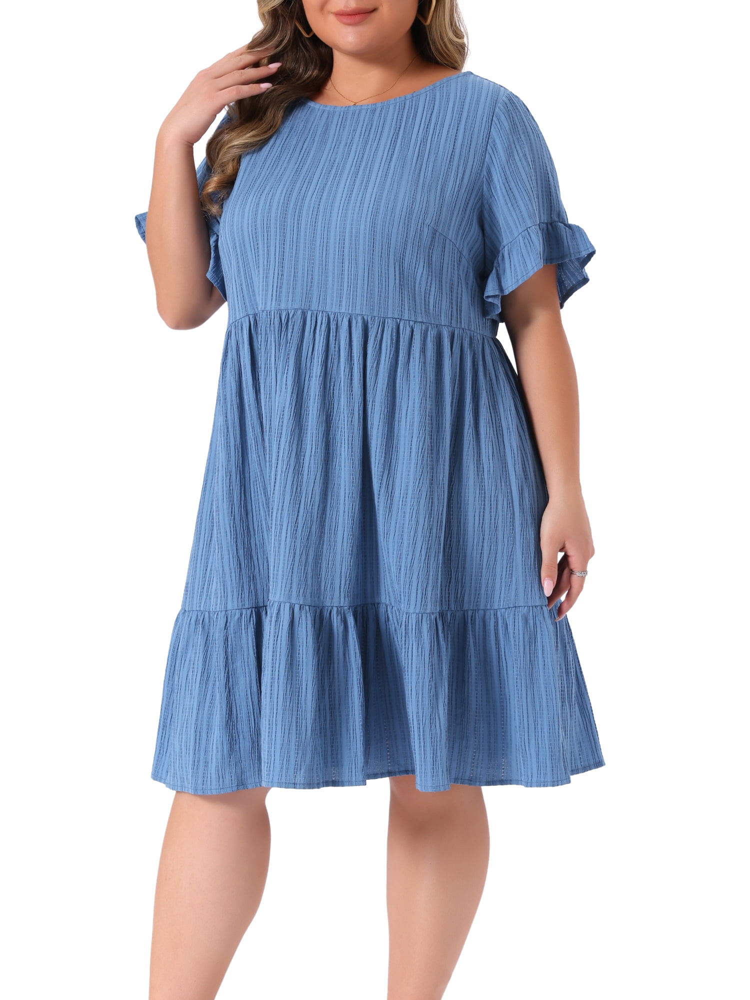 DARING DIVA Women's Plus Size Ruffle Short Sleeve A Line Midi Casual Dress 2X Gray Blue
