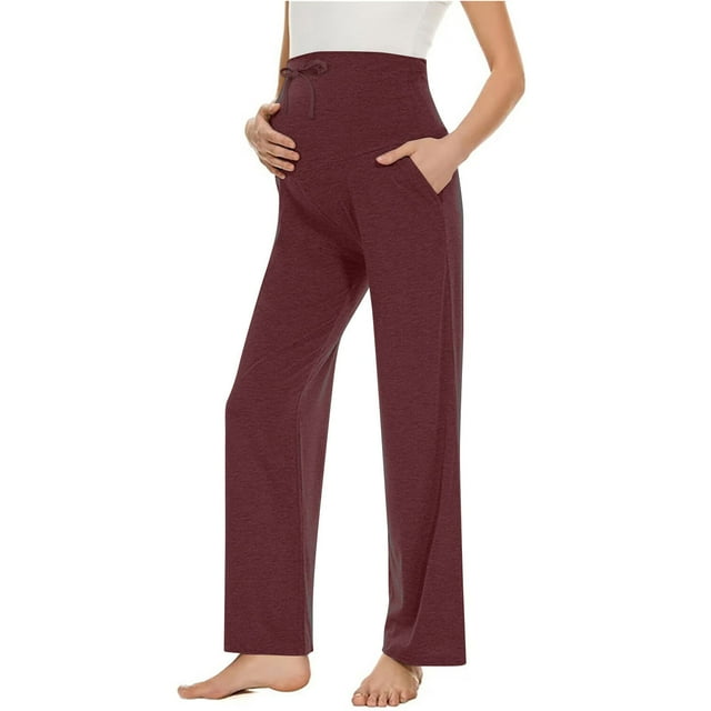 Diufon Maternity Yoga Pants High Waist Over The Belly Drawstring Soft Pants Solid Color Straight Leg Loose Pants