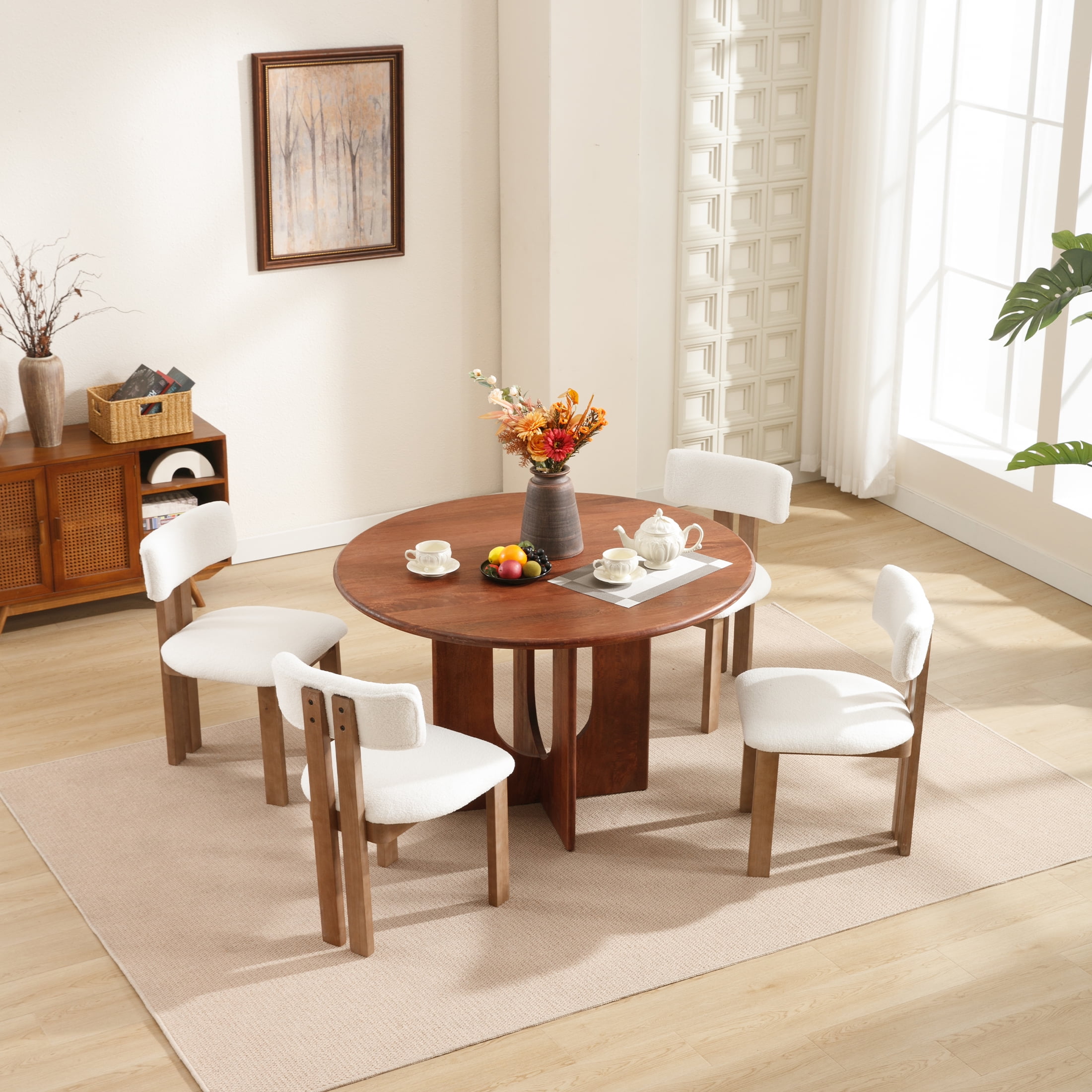 Guyou Wooden Dining Chairs Set of 2, Mid Century Modern Sherpa Upholstered Dining Side Chairs, Farmhouse Kitchen Chairs with Curved Back for Kitchen Dining Room Living Room, White