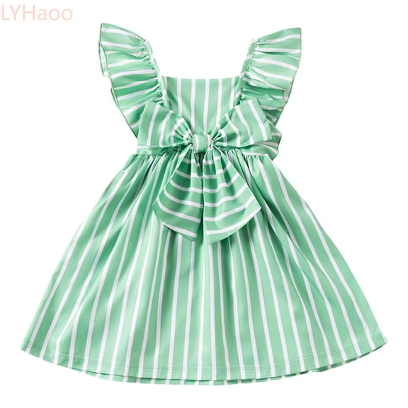 LYHaoo Girls Summer Dresses Casual Striped Bow A Line Dress With Flutter Sleeves For Toddler Kids Age 1 7 Years,Girls Basic Dresses Sizes 4-5 Years Green