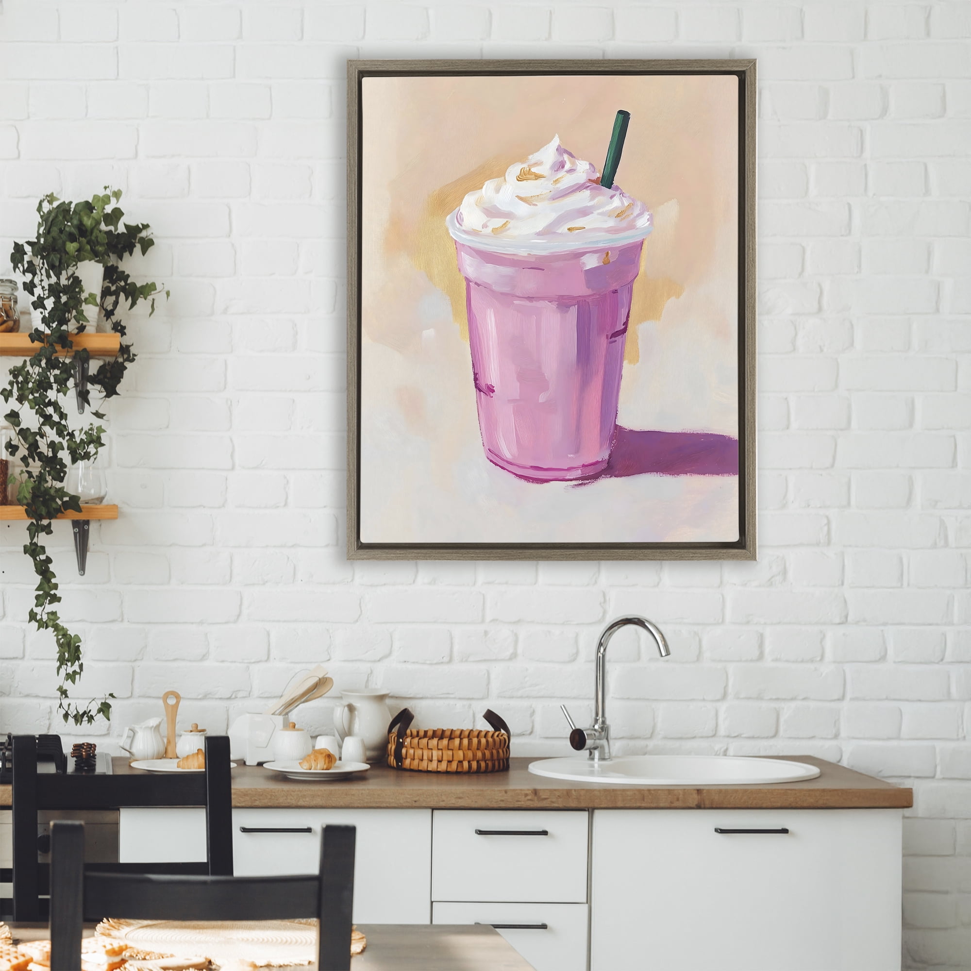 Stupell Industries Pink Strawberry Shake Brown Framed Floater Canvas Wall Art, design by The Prints Vibe