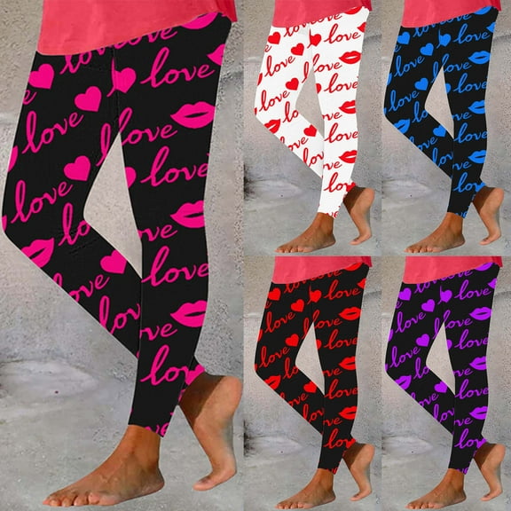 Jinhomg Valentine's Day Leggings for Women 2025 Novelty Funny Heart Graphic Holiday Tights Soft Comfy High Waisted Yoga Pants Daily Wear 90 off Clearance Sale Blue M