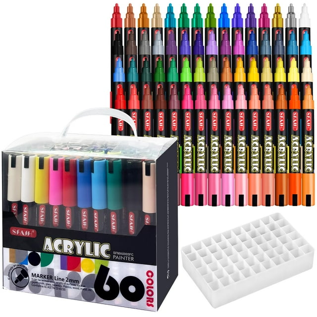 SFAIH Halloween Gifts Acrylic Creative Markers Set of 60 With 14 Metallics, Organizer, 3mm Medium Tips - Holiday Paint Markers, Gift for Kids and Adults - Art Supplies