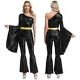 thumbnail image 6 of iiniim Womens 70s Vintage Disco Dance Metallic Shiny One Shoulder Flare Jumpsuits Clubwear Black 3XL, 6 of 7