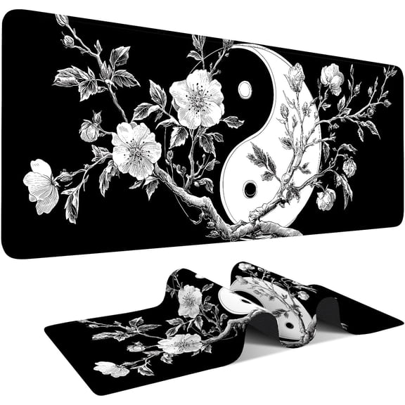 Blossom Gaming Mouse Pad 31.5"x11.8", Black and White Floral Large Desk Mat, Extended Keyboard Mousepad with Non-Slip Rubber Base, Stitched Edges Mouse Pads for Desk Home Office Gaming