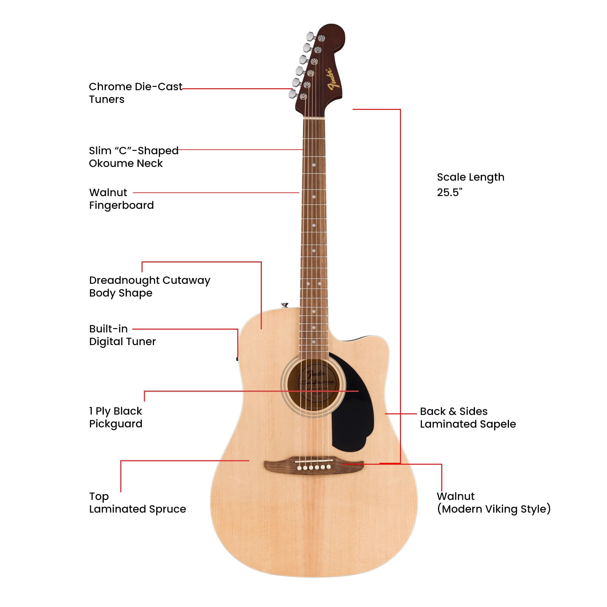 Fender Redondo CE Dreadnought Acoustic-Electric Guitar - Natural Bundle with Gig Bag, Strap, Strings, Picks, and Austin Bazaar Instructional DVD