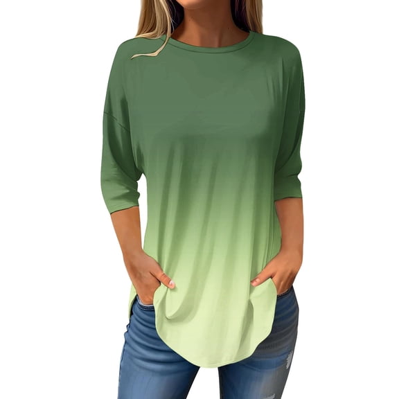 Womens Tops 3/4 Length Sleeve Tops Neck Casual Print Tunic T Shirts Three Quarter Length Tops Blouses For Women