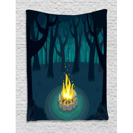 Teal Blue Bedroom Decor Happy Camper Tapestry, Cartoon Illustration of Lonely Campfire in Woods at Night, Wall Hanging for Bedroom Living Room Dorm Decor, Dark Violet Blue Teal Mustard, by Ambesonne ()
