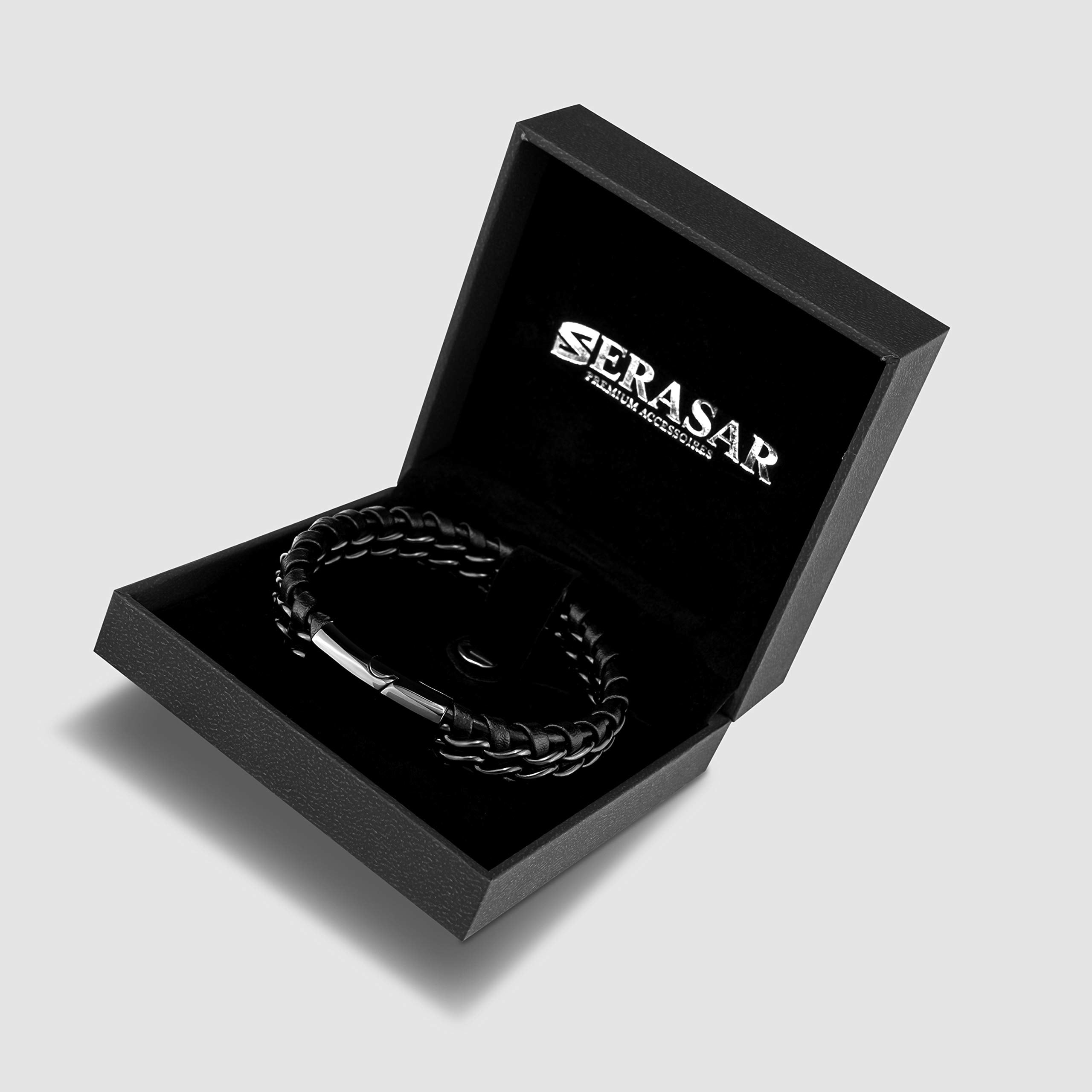 SERASAR Leather Bracelet for Men "Steel" with stainless steel magnetic closure, Black 20cm, including gift box