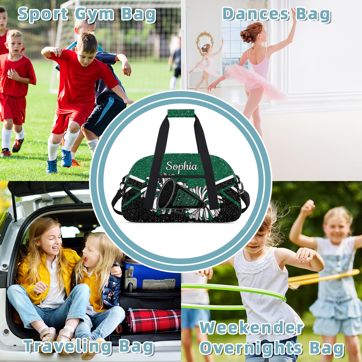 Jiaoprinted Personalized Cheer Bag for Women, Custom Sport Duffel Bag with Name, Customized Gym Bag, Weekender Overnight Bag, Cheerleading Gifts, Black Green Glitter