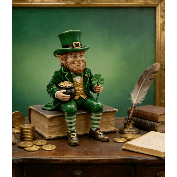 Sitting Leprechaun Figurine, Resin St. Patrick's Day Decor Pot of Gold & Shamrock, Whimsical Irish Tabletop Statue for Home Office Desk Party Supplies, Gift for Irish Decor Lovers