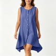 thumbnail image 3 of Josdec Women's Casual Round Neck Sleeveless Mini Dresses Button Front Irregular Hem Cotton Solid Color for Summer Daily Wear S-XXL, 3 of 8