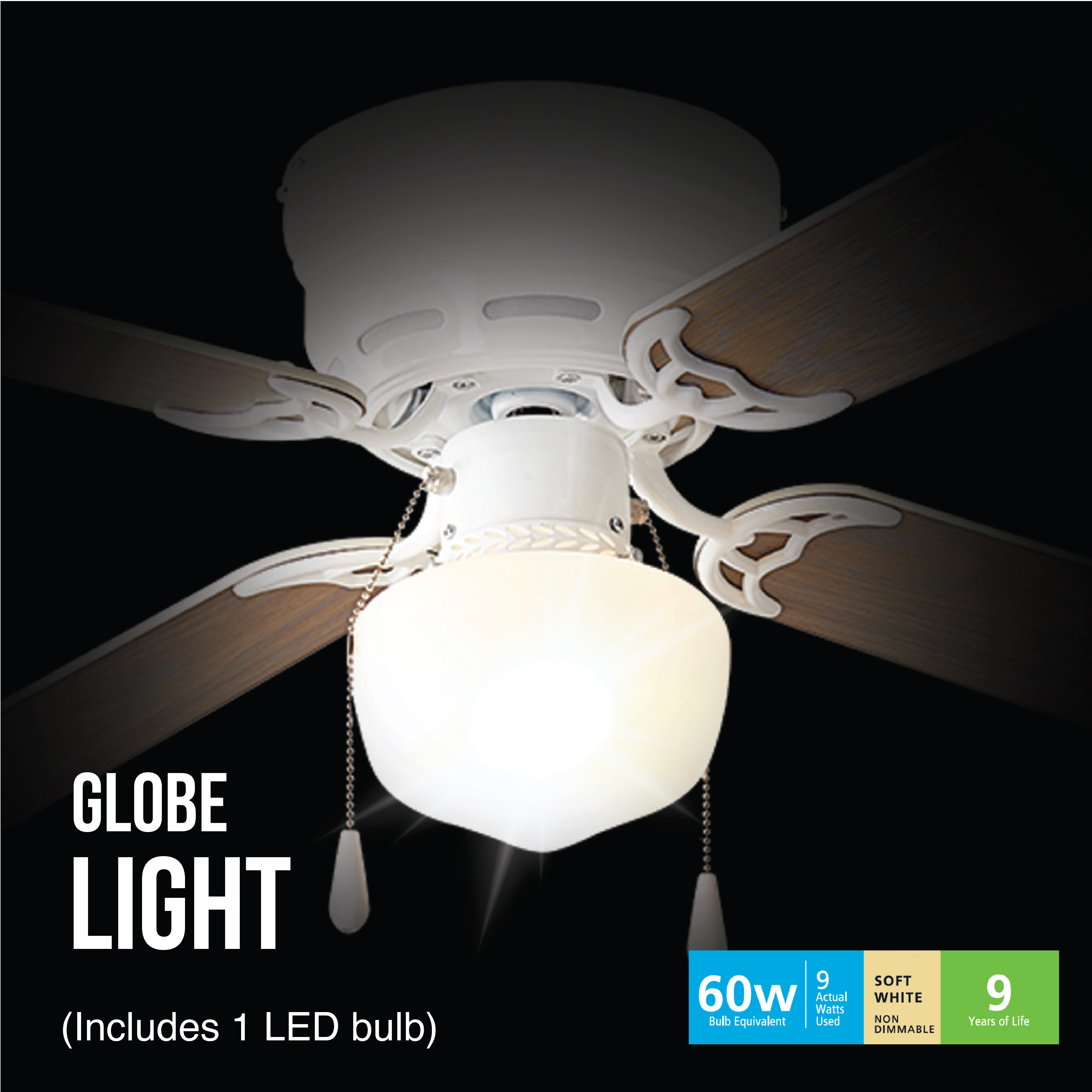 Mainstays 42 Inch Hugger Metal Indoor Ceiling Fan with Light, White, 4 Blades, LED Bulb, Reverse Airflow - image 5 of 17