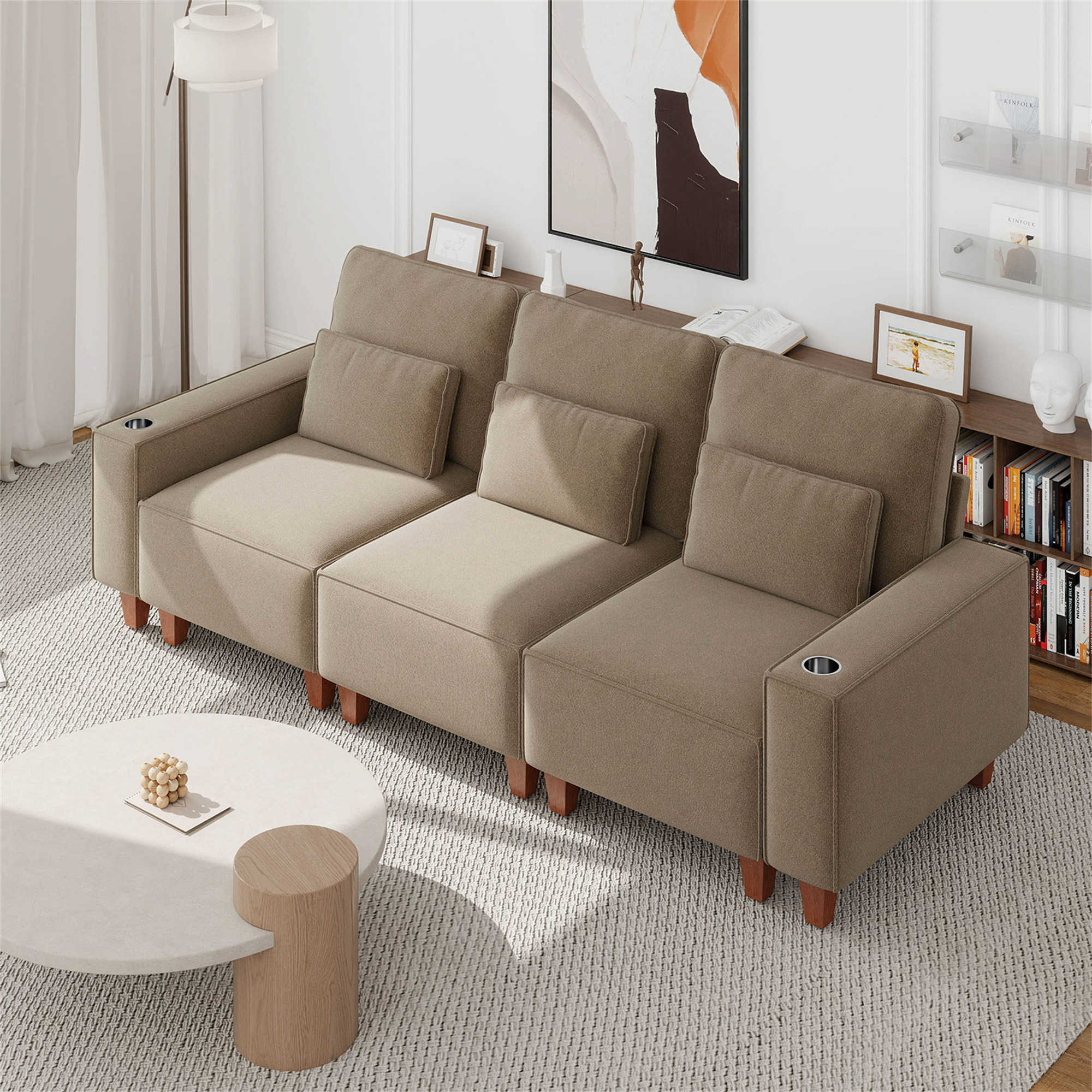 Aukfa 3 Piece Sofa Set - 99" Oversized 3 Seat Couch with Cup Holders&Pillows, Chenille, Khaki