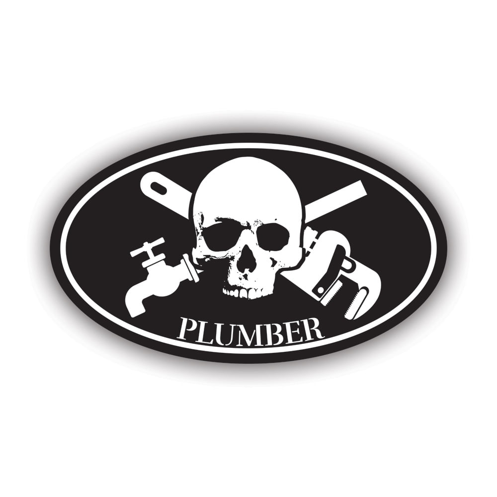 Oval Plumber Skull and Pipe Wrench Sticker Decal Self Adhesive Vinyl