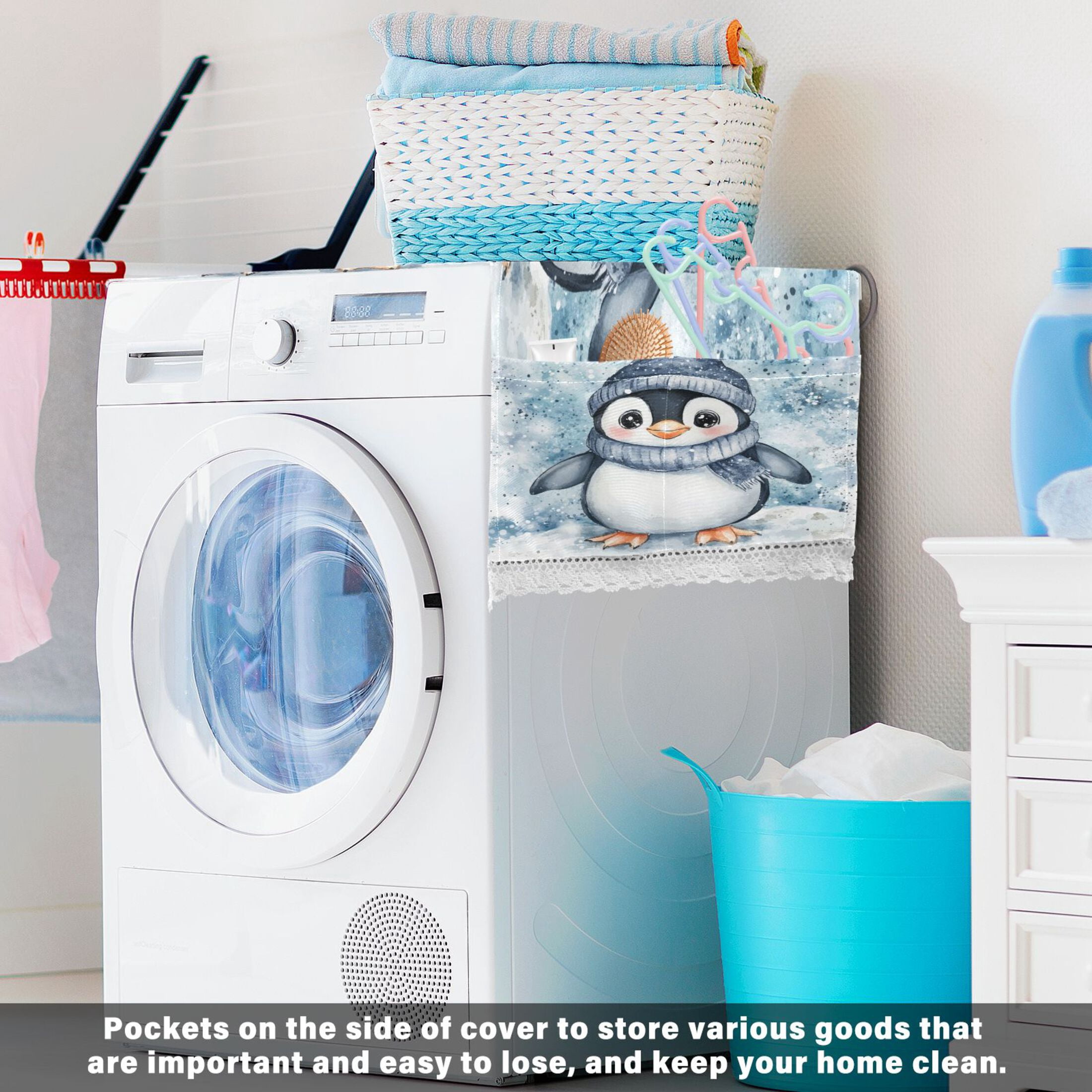 WOBOGO Blue Scarf Penguin Pattern Washing Machine Cloth Dryer Refrigerator Top Cover Protective Non-Slip Mat For Kitchen Laundry