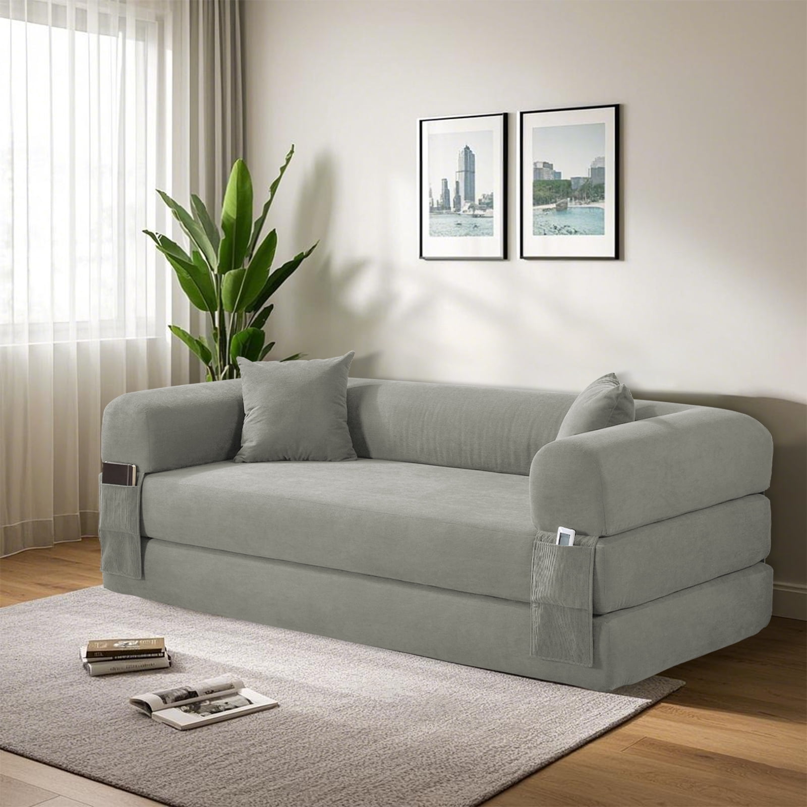 3 in 1 Convertible Sofa Bed, 80" Corduroy Folding Pull Out Couch with 2 Pillows, Floor Sofa with Side Storage for Living Room, No Assembly Modern Boneless Couch Compression Sofa, 35.4"W