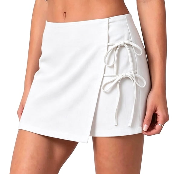 PWPSG Womens High Waist Wrap Casual Skort, Side Tie with Side Slit Design, Soft Fabric for Vacation Casual Wear White S