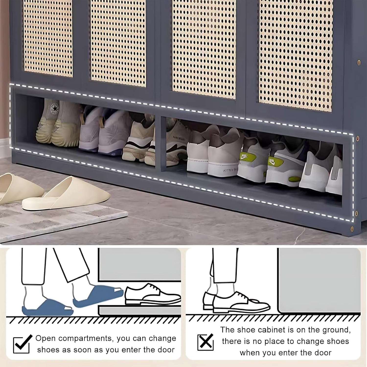 8-Tier Bamboo Shoe Cabinet, 40 Pairs Shoe Storage Cabinet with Doors, Freestanding Bamboo Shoe Rack Organizer with Shelves for Entryway, Hallway, Closet, Living Room, Grey