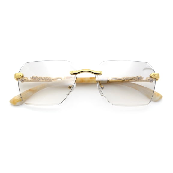 Luxury Rimless Beveled Rectangle Lens Jaguar Metal Figurine Arm Sunglasses Gold Beige - Clear Mirror