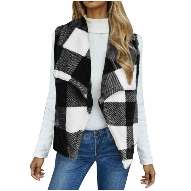 Manteaux d'Hiver Funicet pour Femmes, Cardigan pour Femmes, Cardigan Veste Sans Manches à Carreaux d'Hiver pour Femmes à devant Ouvert Style Teddy, Vestes pour Femmes, Manteaux d'Hiver pour Femmes