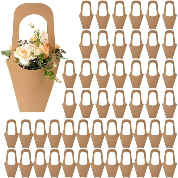 50 Pack Flower Bouquet Wrapping Paper Bags with Handles, Kraft Flower Bar Supplies for Weddings, Birthdays, Events-Flower Bouquet Holders for-Bouquet Bar