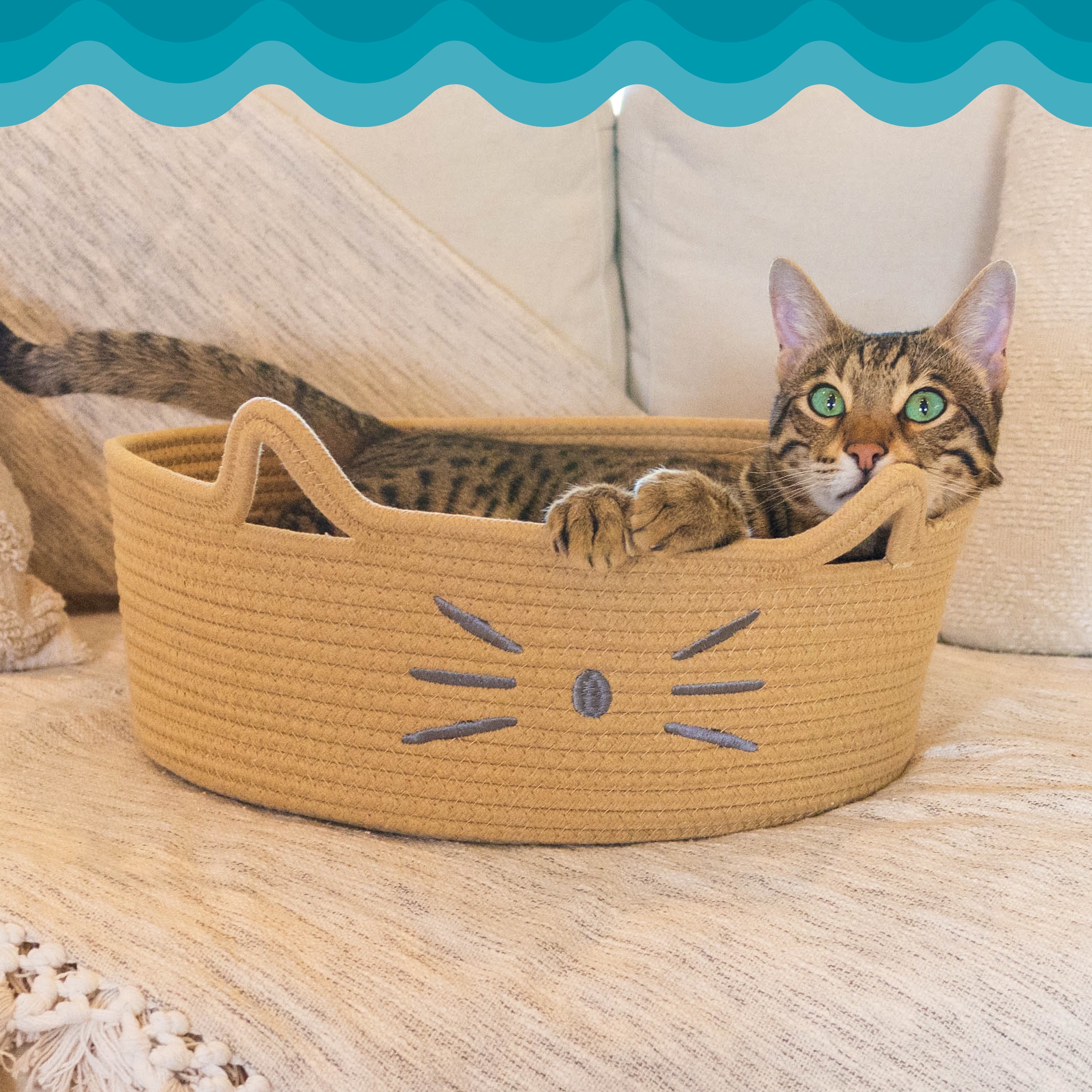 Catstages Bed & Basket Retreat 2-in-1 Cat Bed with Removable Cushion, Plush Cotton Rope, Tan, 15 in – Versatile Pet Bed and Toy Storage Basket