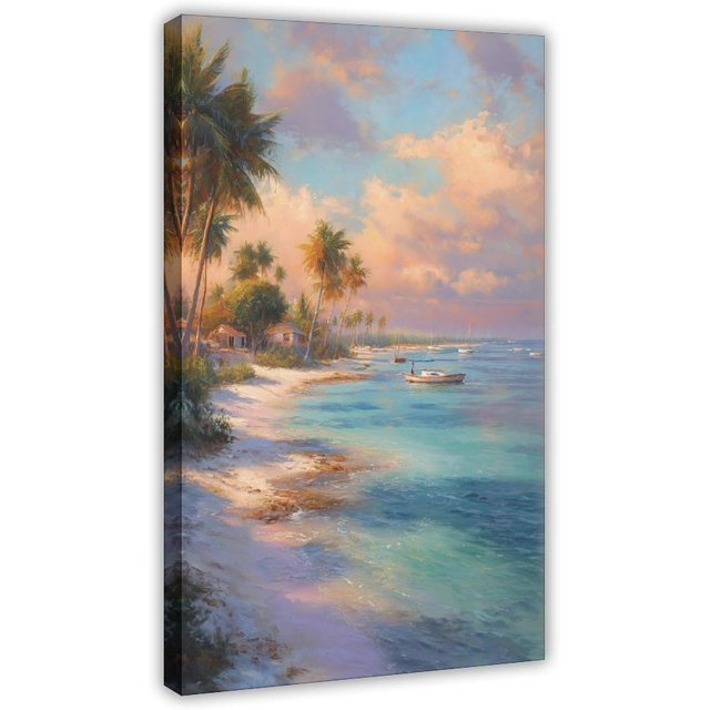 Lienzo acuarela paisaje costero de Cabo San Lucas, rocas arrecife, playa dorada y casas blancas con tejados naranjas, decoración turística mexicana para sala y dormitorio.