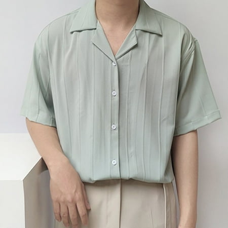 

KDJ Men Striped Lapel Short Sleeve Button Shirt Korean Casual Solid Color Streetwear