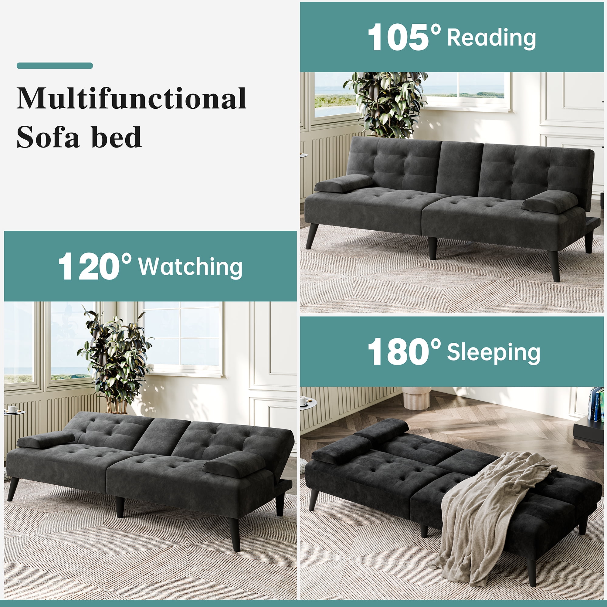 Walsunny 64" Sofa Bed Futon Couches, Folding Loveseat Recliner with 3-Angle Adjustment, Removable Arms 2 Cup Holders for Small Spaces,Black