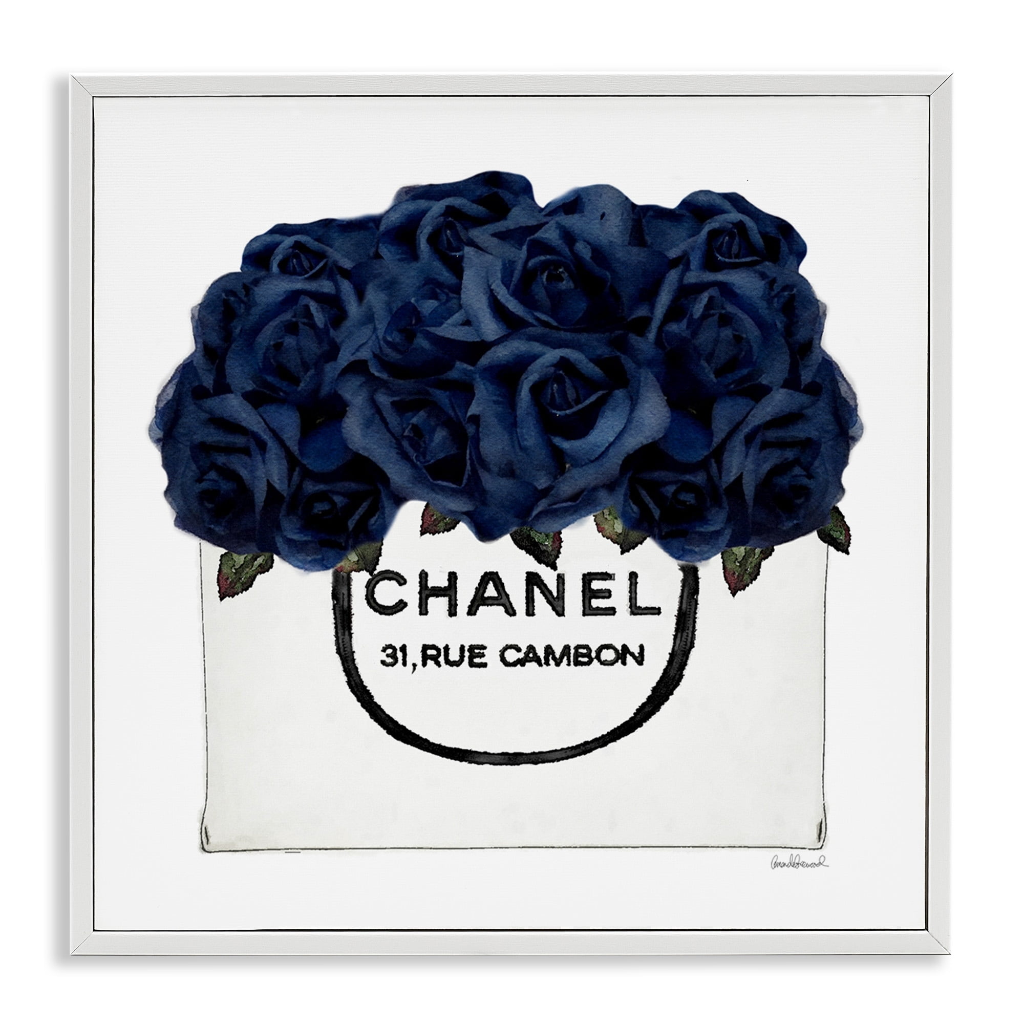 Stupell Industries Chic Navy Blue Roses in Glam Fashion Bag Botanical & Floral Painting White Framed Art Print Wall Art, 24 x 24