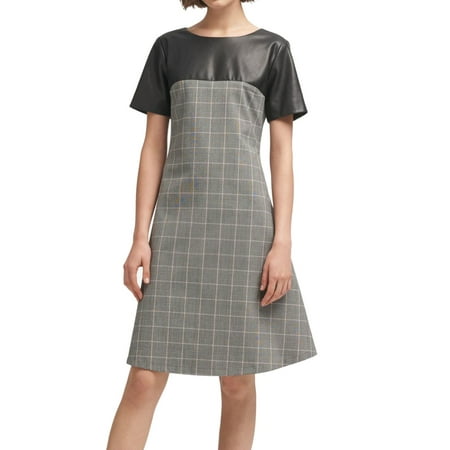 DKNY Women's Dress Gray A-Line Faux Leather Plaid Black 12