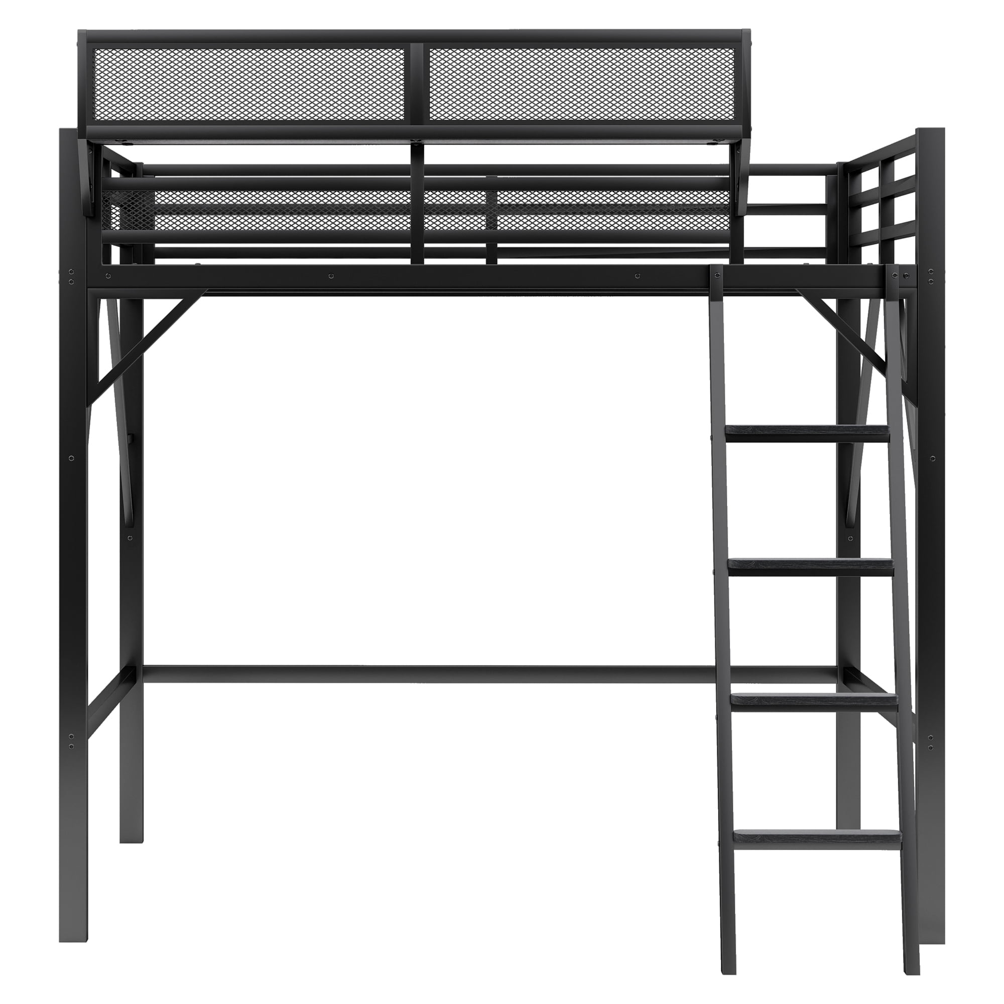 Full Size Loft Bed with Ladder, Metal Loft Bed with Storage Shelves, High Loft Bed for Kids Teens, Black