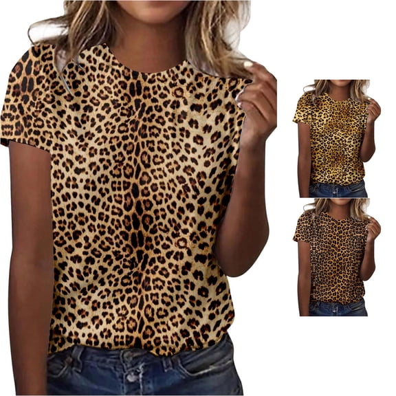 RUTAYY Women's T-Shirt Leopard Print Short Sleeve Tee Shirts Casual Crew Neck Tops Soft Comfortable Daily Wear Fashion Resort Tees