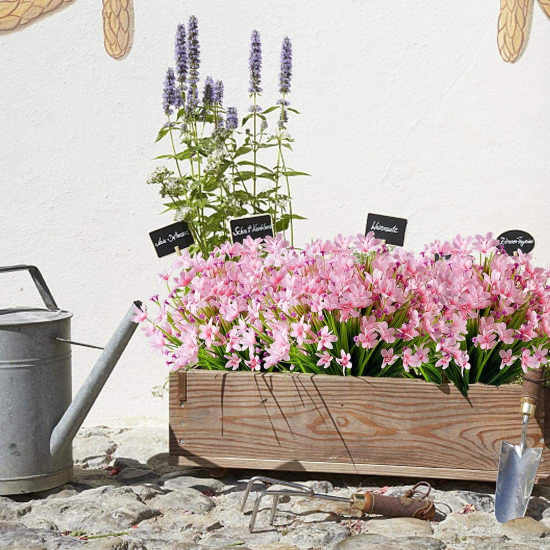 Morttic 16 Bundles Artificial Daffodils Flowers, Fake Artificial Greenery UV Resistant No Fade Faux Plastic Plants for Wedding Bridle Bouquet Outdoor Home Garden Office Table Vase Decor (Pink)