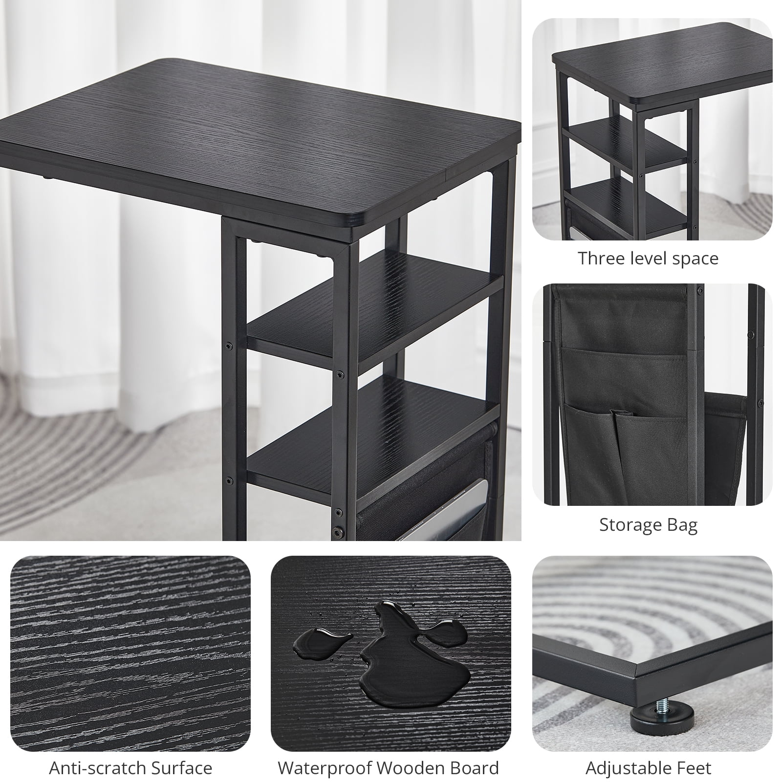 ZEXVIDA C Shaped Side Table, 3 Tier Sofa End Tables with Storage Bag, Sturdy Slide Under Sofa Slim Side Tables with Metal Frame for Small Spaces, Living Room, Bedroom, Industrial (Black)