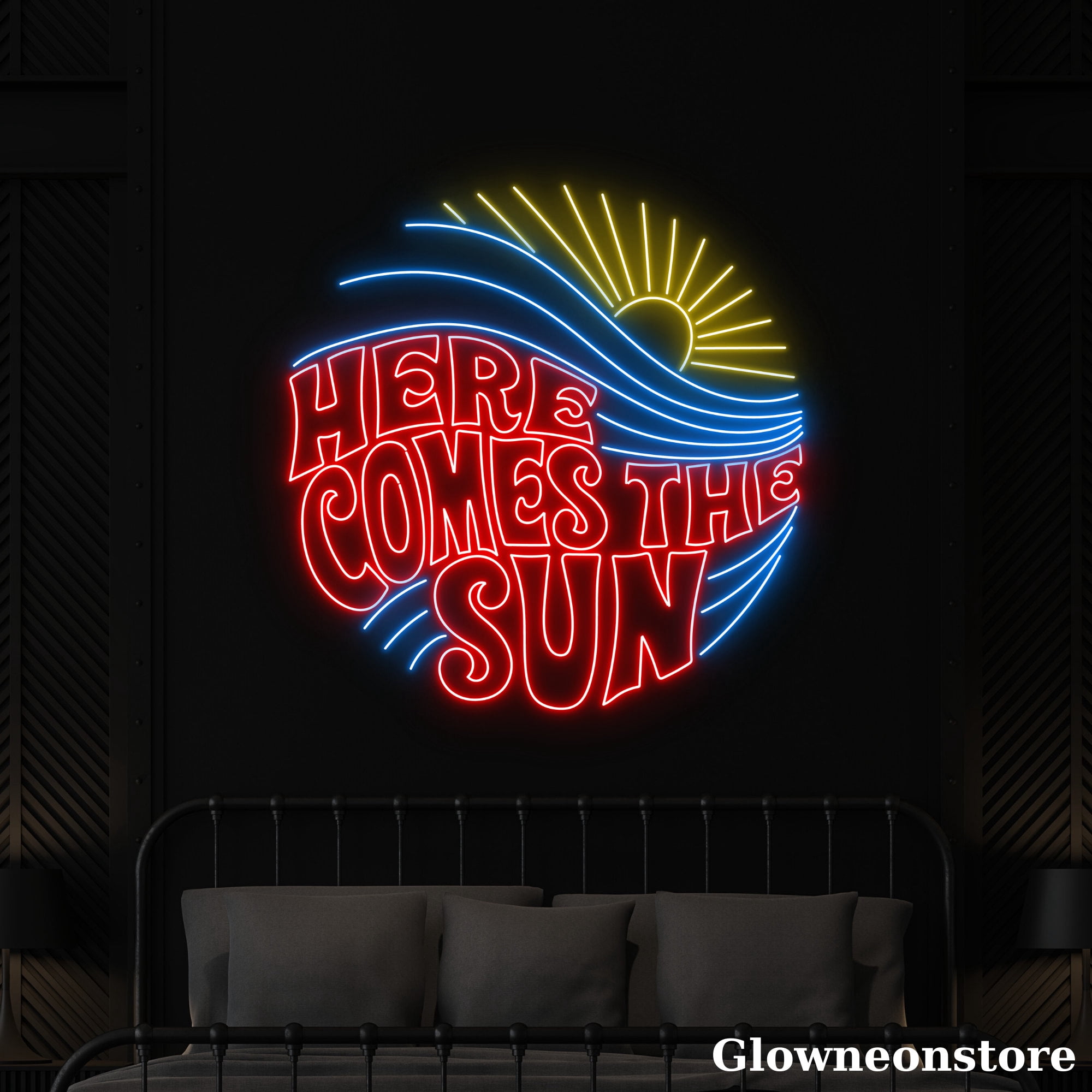 Glowneon Here Come The Sun Neon Sign, Here Come The Sun Neon Sign, Sunrise Wave Led Light