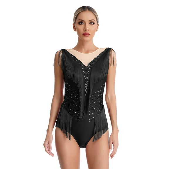 DPOIS Womens Rhinestone Fringed Bodysuit Tassel Jazz Leotard Black XL