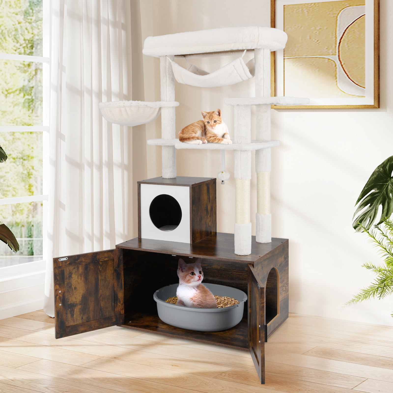 Gymax 59 inch Cat Tree w/ Litter Box Enclosure w/ Hidden Washroom Scratching Posts