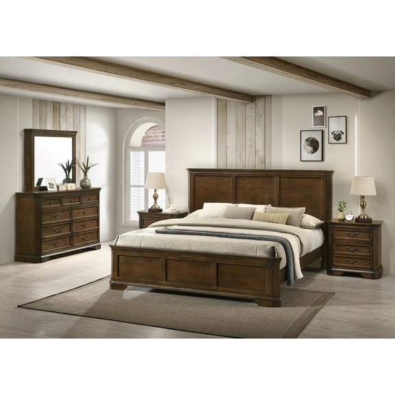 Traditional 5 Piece Bedroom Including King Size Bed, Dresser, Mirror & Nightstands Walnut Brown With 2 Nightside Tables In American Style And Distressed Finish