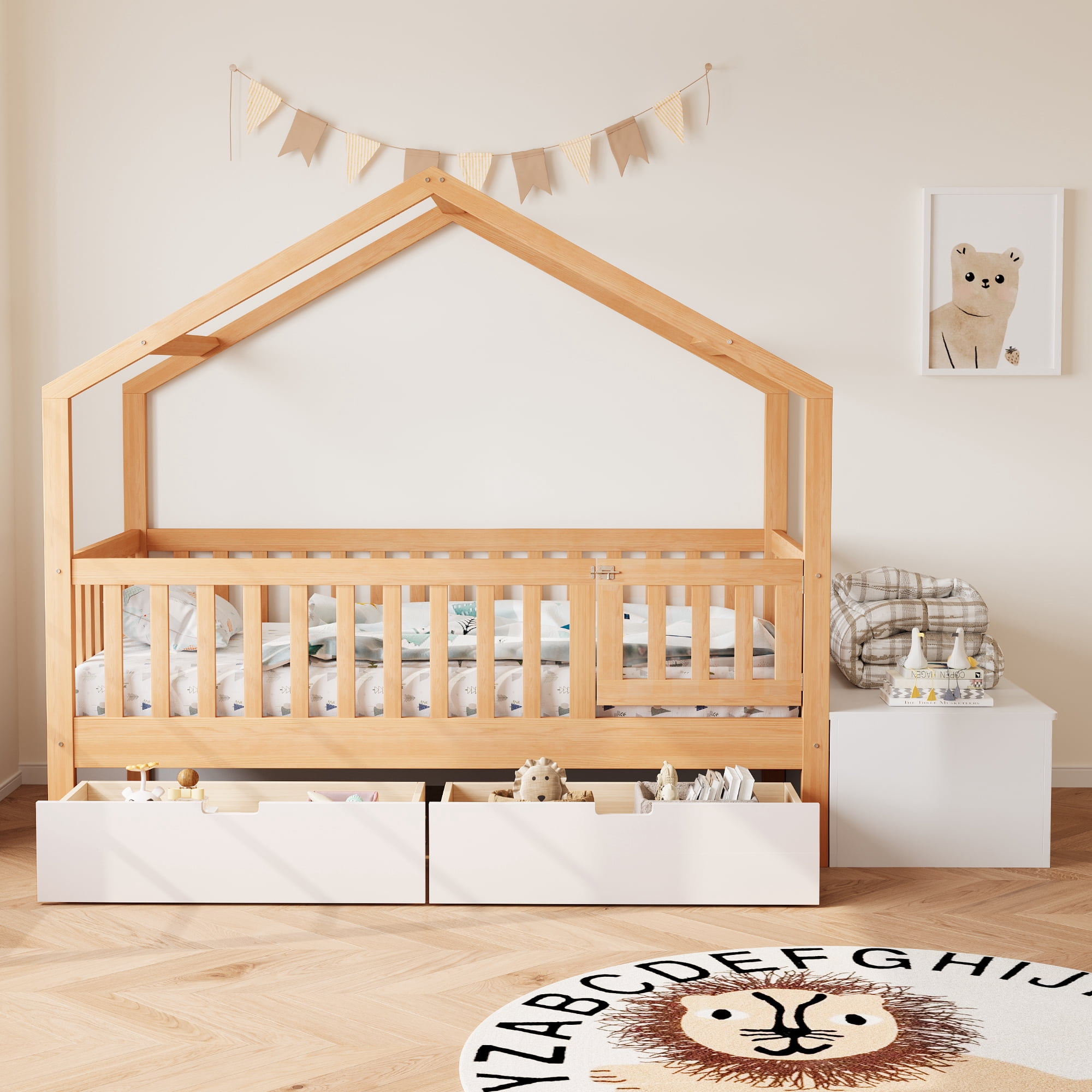 Euroco Wood Toddler House Bed with Drawers and Lift Up Chest, Natural Wood