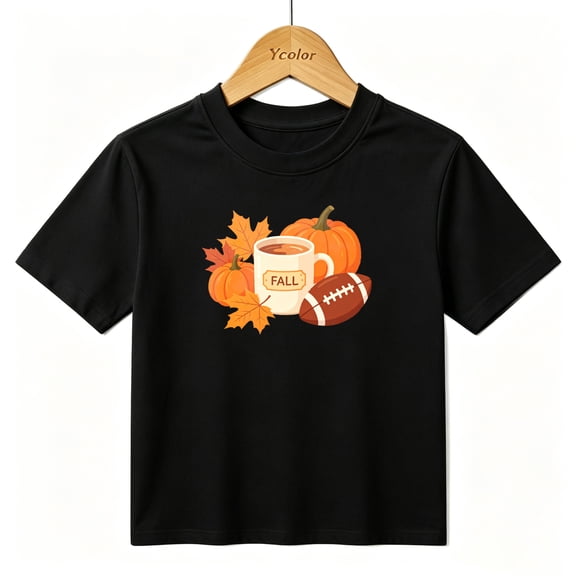 Boys Graphic T-Shirt Fall Pumpkin Coffee Football Autumn Kids Tees 100% Cotton Tops Ages 4-13Y