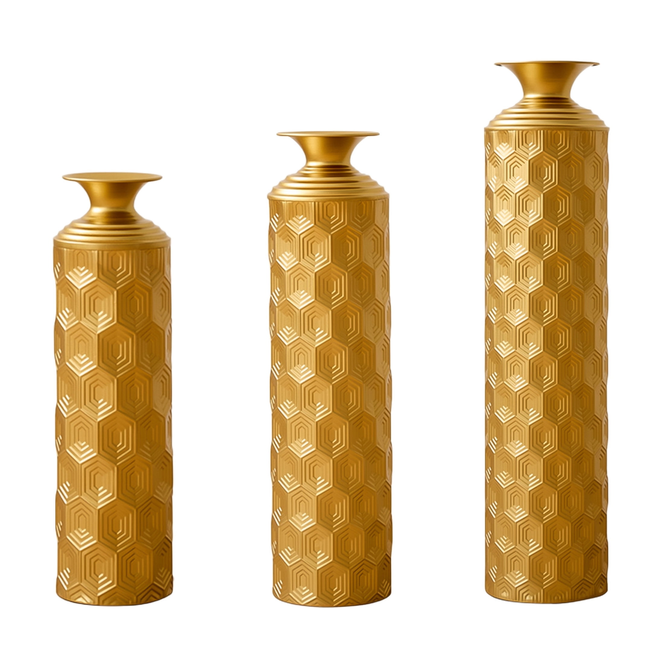 Noble House 3-Piece Gold Metal Floor Vase Set, 33.46", 25.59", 19.69" Hexagon Textured Decorative Vases