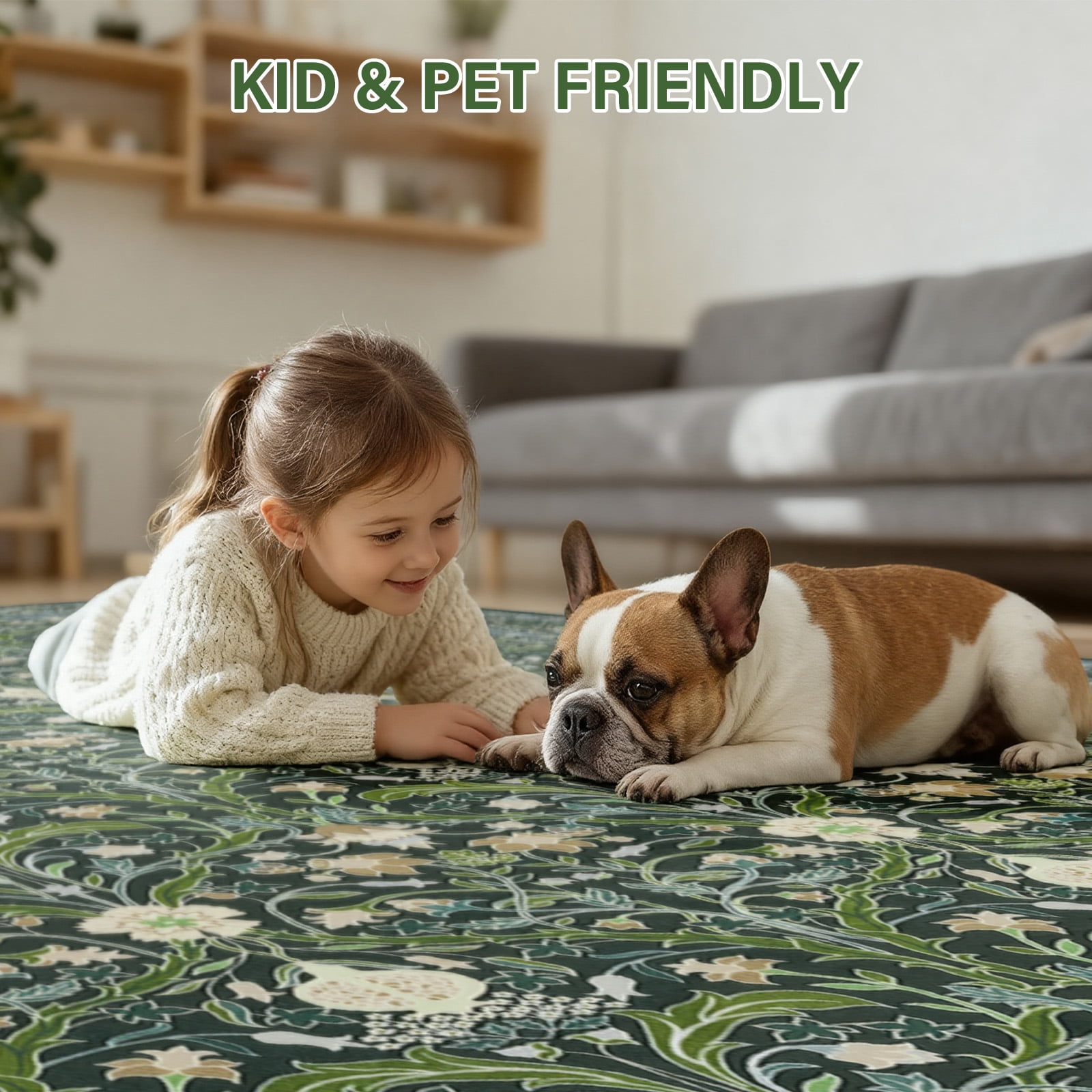 8x10 Area Rugs for Living Room, Green Washable Area Rugs with Non-Slip Backing, Boho Floral Vintage Carpets Low Pile for Dining Room, Bedroom, Home Office, Indoor, Nursery, Apartment.