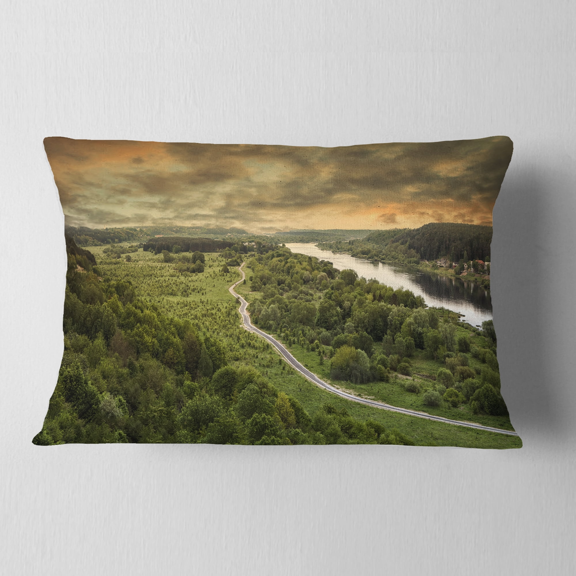 Designart Road along the Nemunas in Green - Landscape Printed Throw Pillow - 12x20